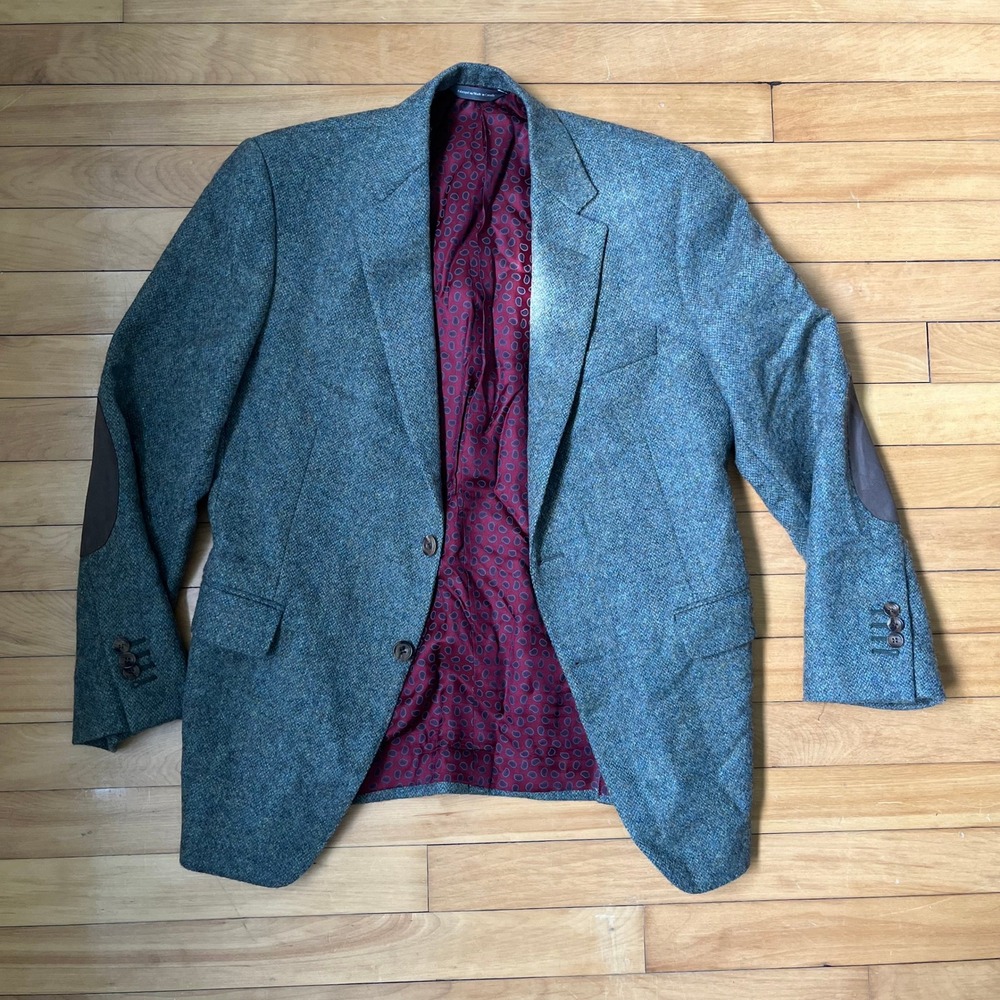Harry Rosen Mens Tweed Blazer Blue Green Suede Elbow Patches Paisley Lining 42R